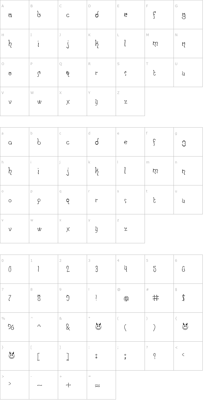 Character Map Horny Devils BV Font