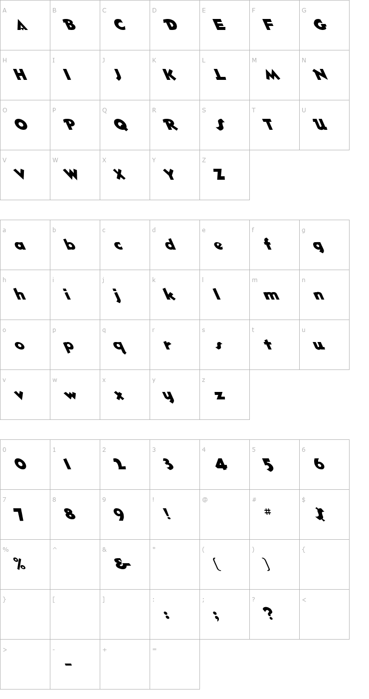 Character Map Hotshot Lefty Font
