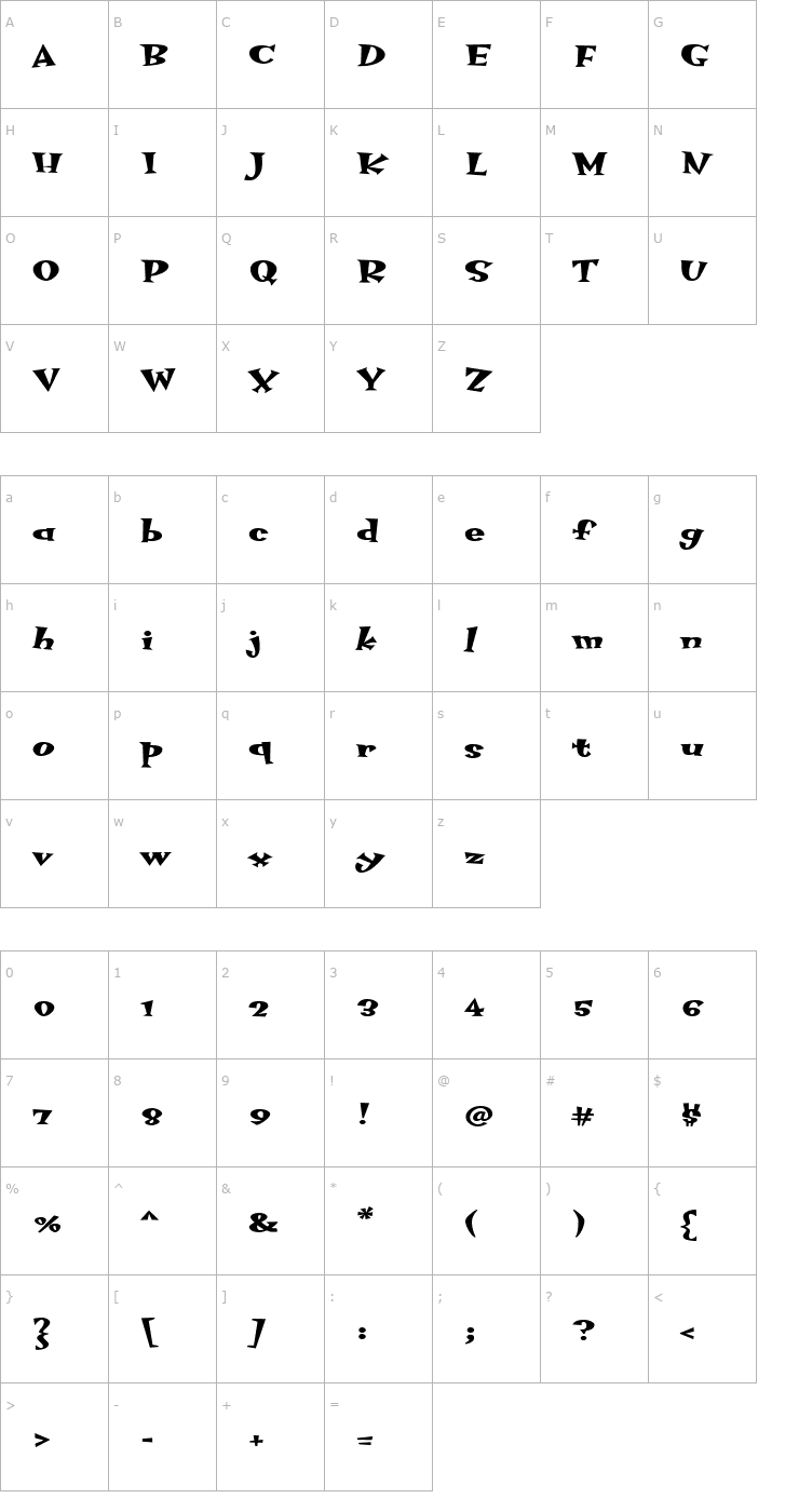 Character Map HotsyTotsy-Bold-MvB Font