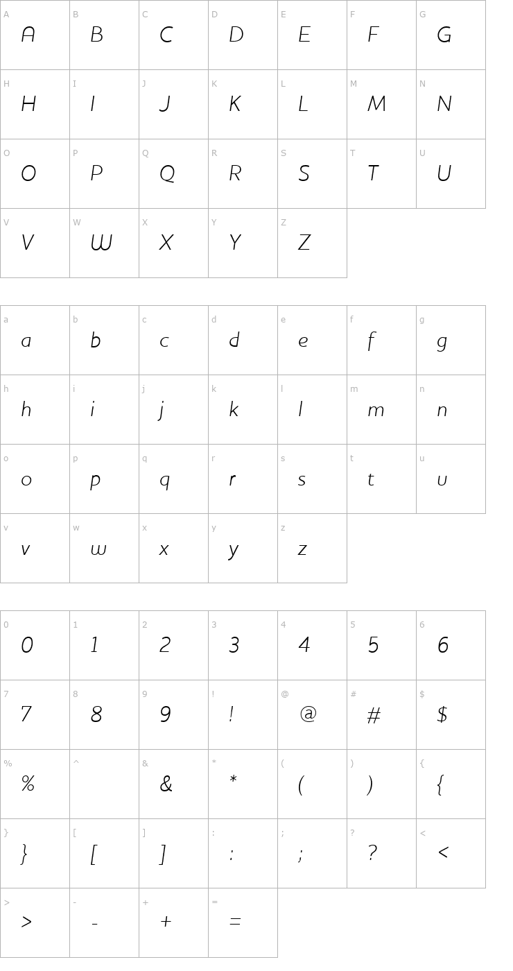 Character Map HouschkaLightItalic Font