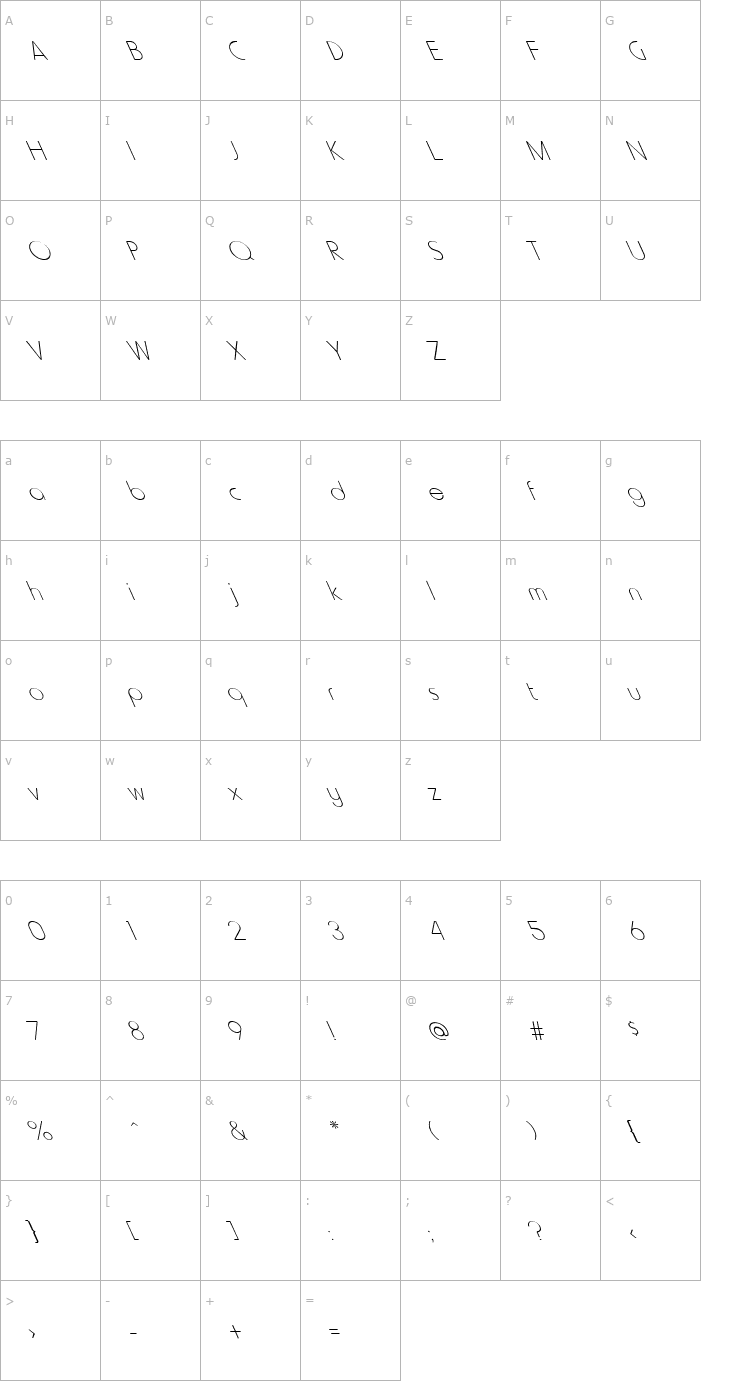 Character Map Howard Light Extreme Leftified Font