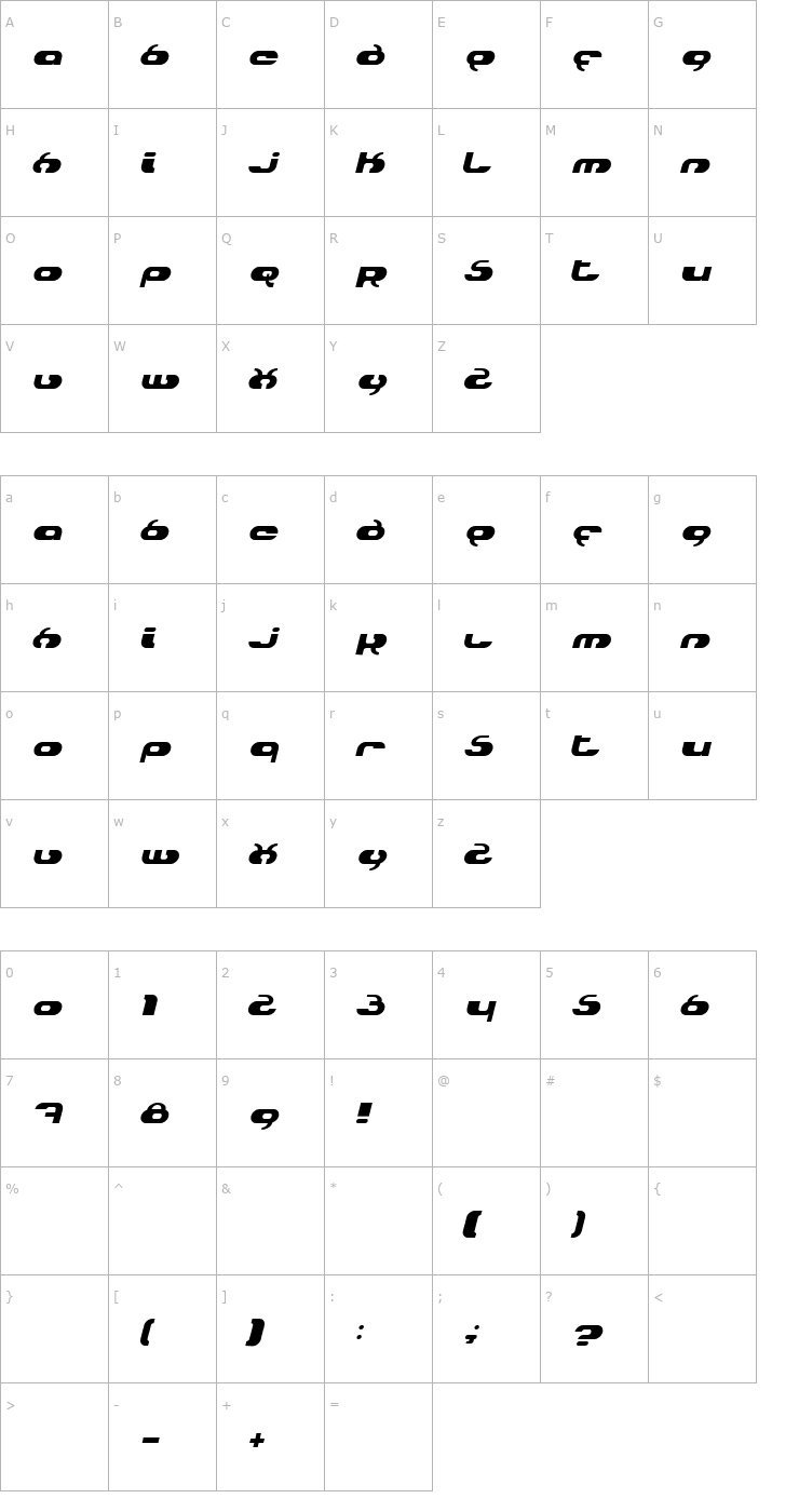 Character Map Hydro Italic Font