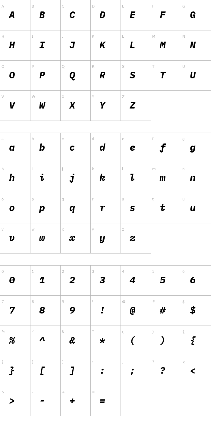 Character Map IBM Plex Mono Bold Italic Font