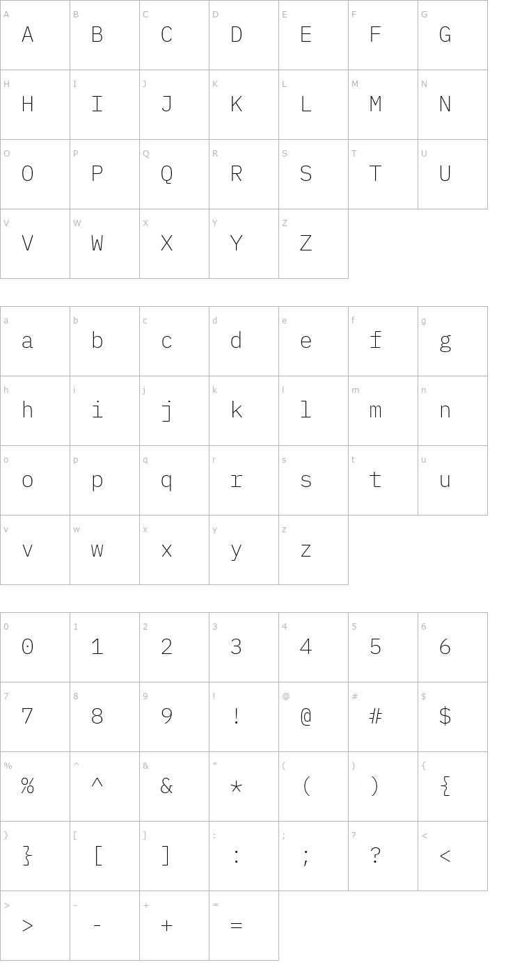 Character Map IBM Plex Mono ExtraLight Font