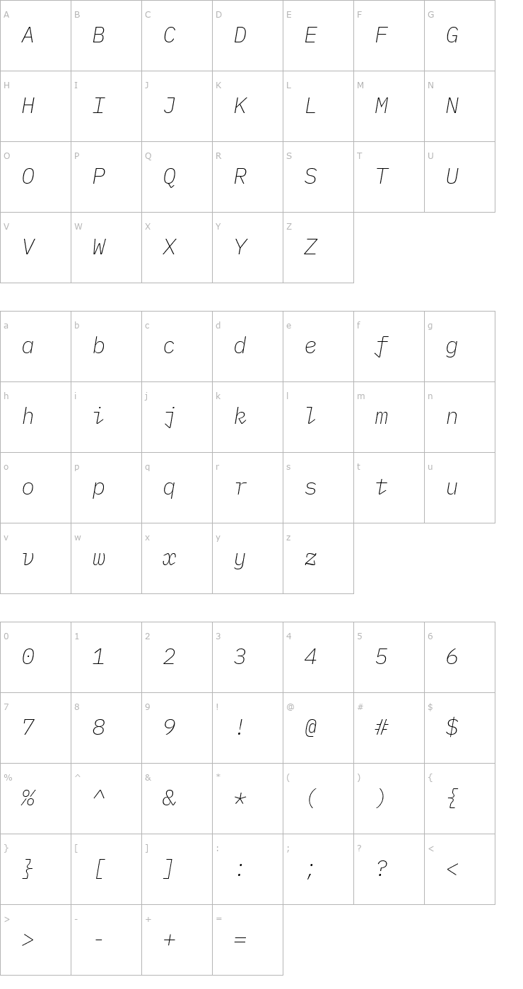 Character Map IBM Plex Mono ExtraLight Italic Font