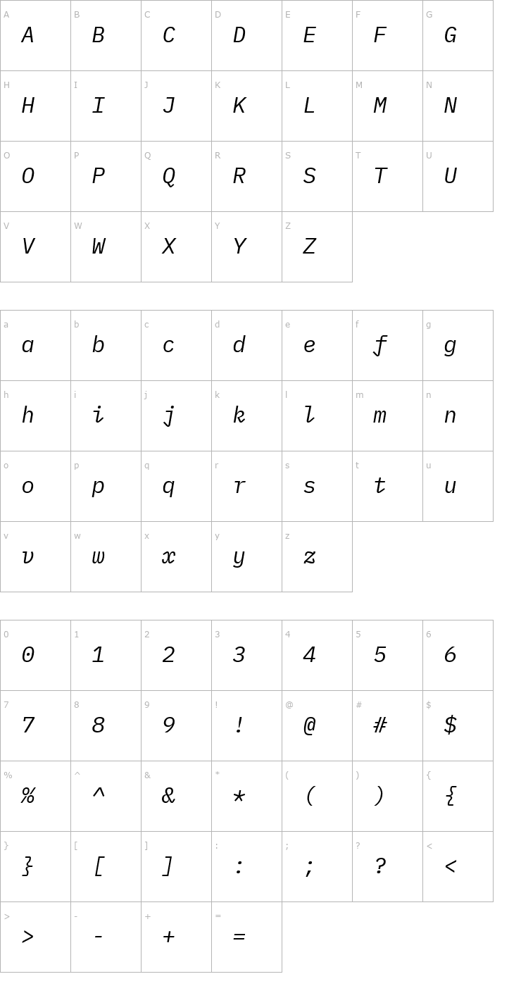 Character Map IBM Plex Mono Italic Font