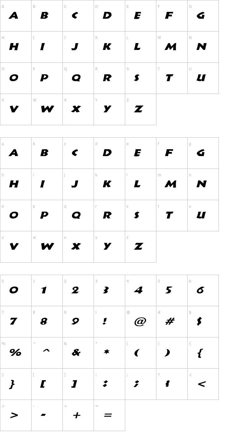Character Map Indy Wide Italic Font