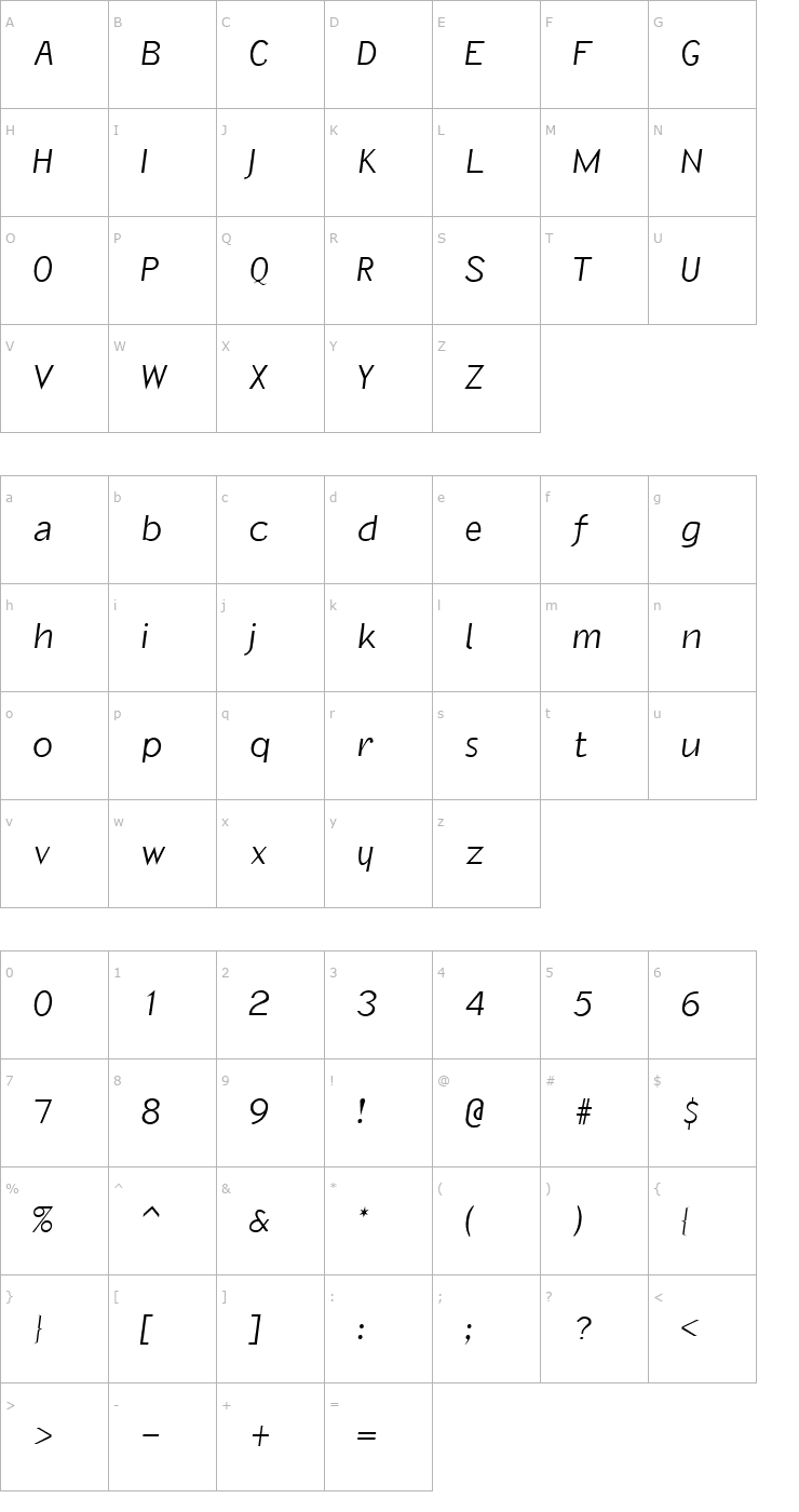 Character Map InformalOblique Font