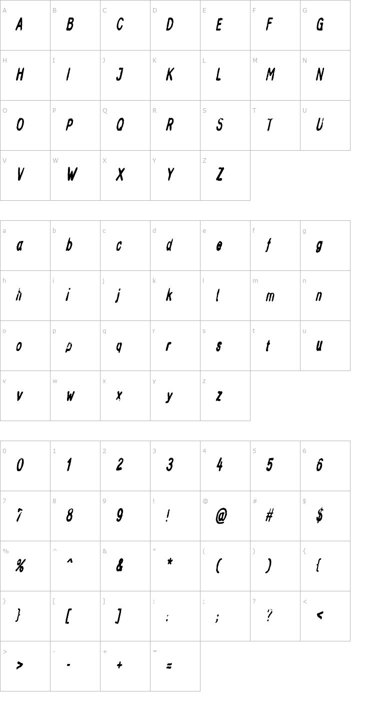 Character Map InkbleedCondensed Oblique Font