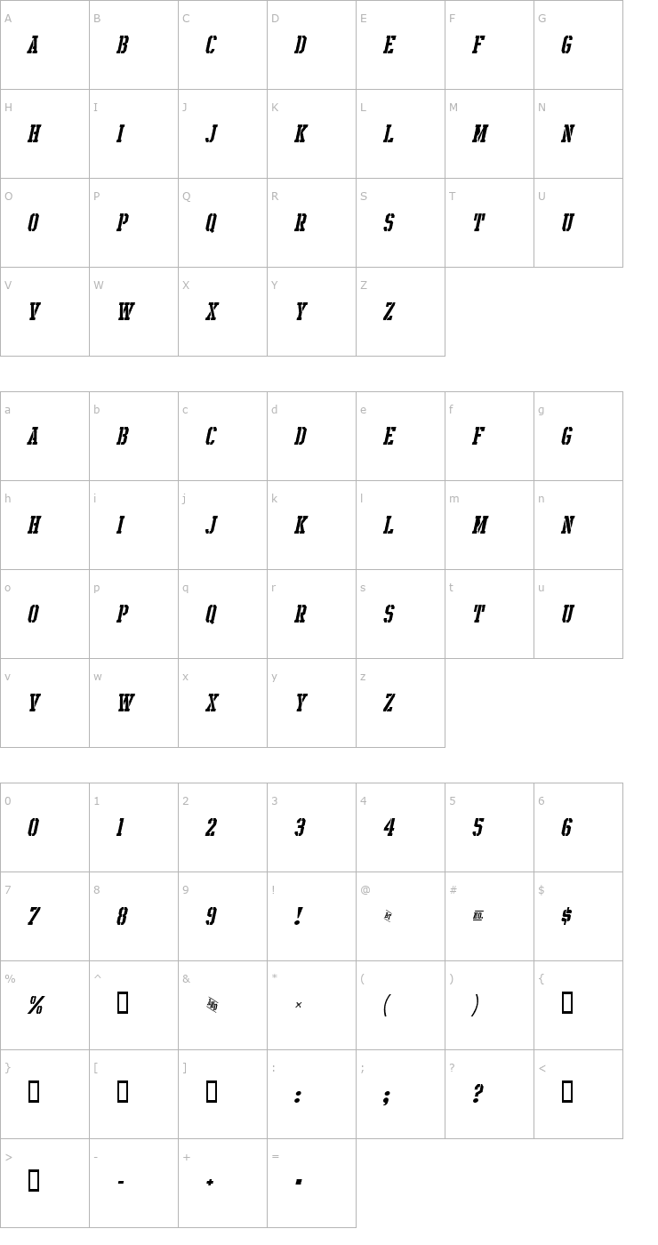 Character Map Intramural Stencil Italic JL Font