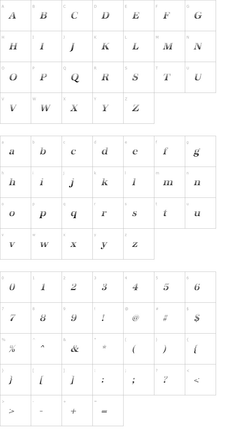 Character Map IrisBeckerGradient-BoldItalic Font