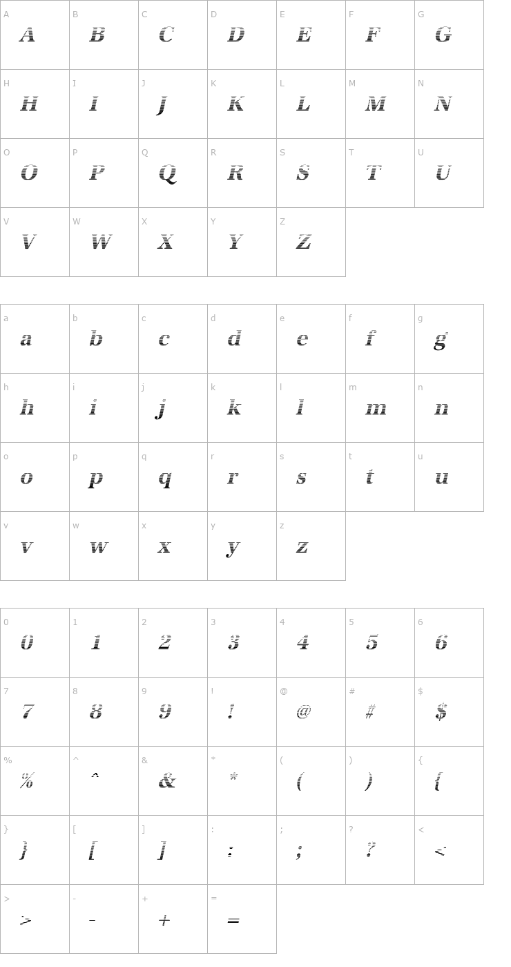 Character Map IrisBeckerGradientC-BoldItalic Font