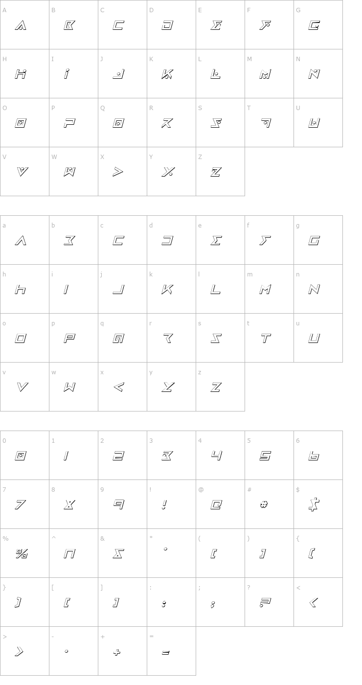 Character Map Iron Cobra 3D Italic Font