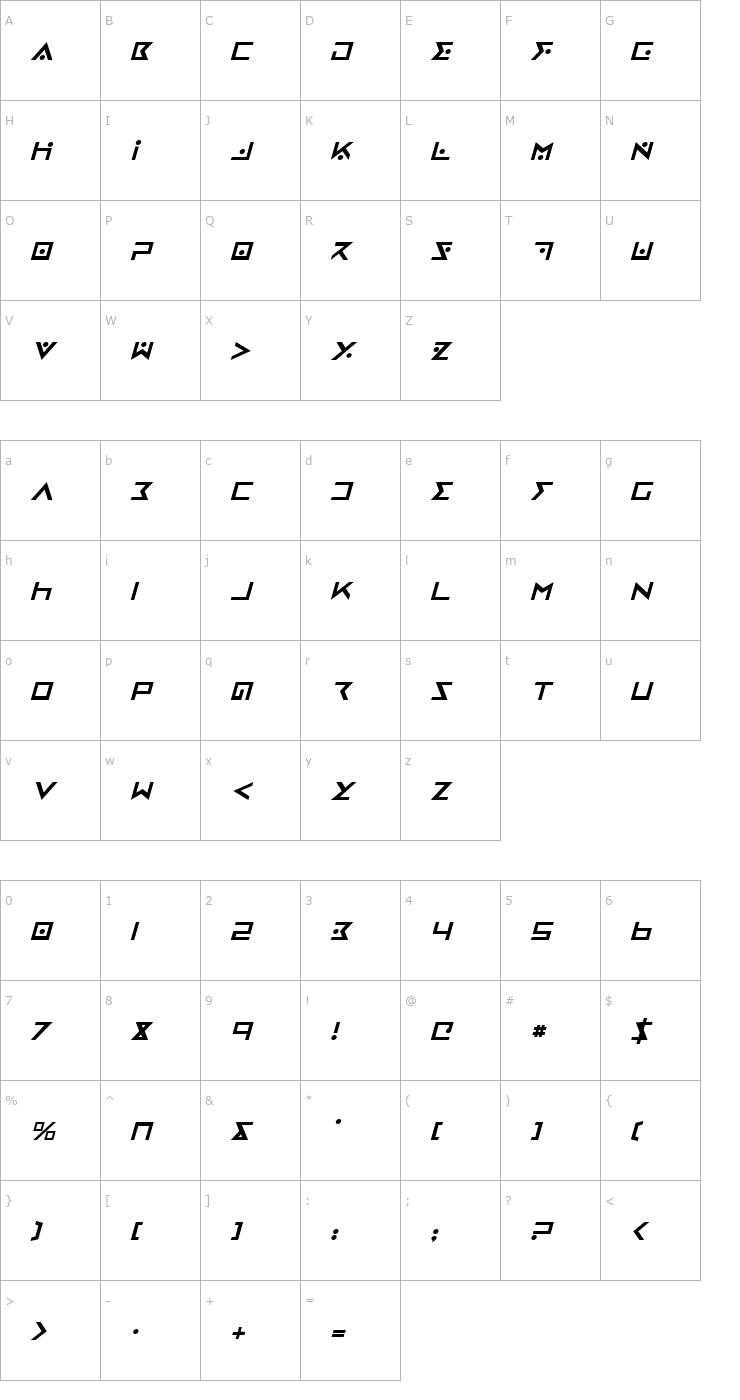 Character Map Iron Cobra Italic Font