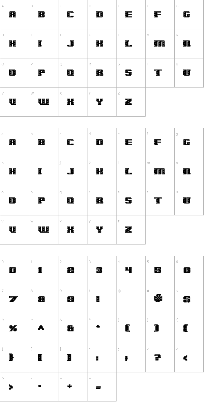 Character Map IronCladBoltedRaised Font