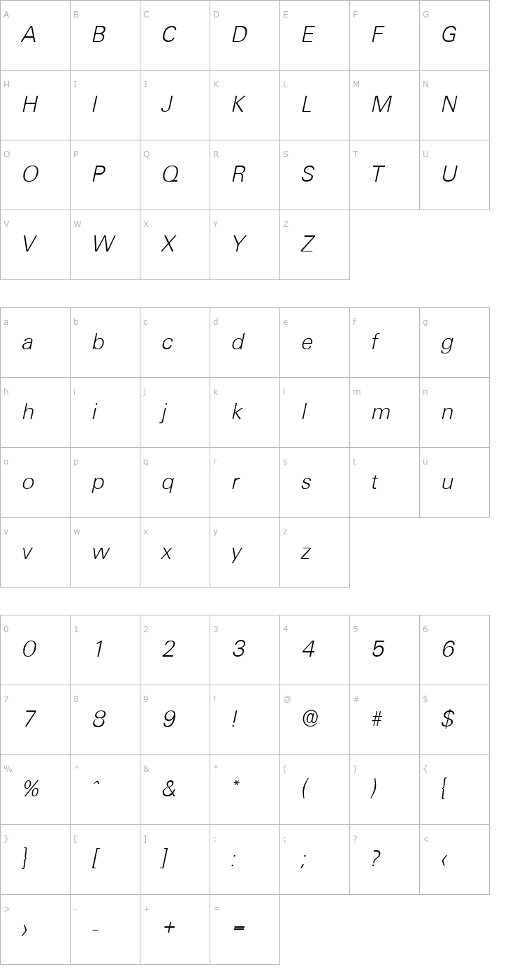Character Map IrvinBecker-ExtraLight Italic Font