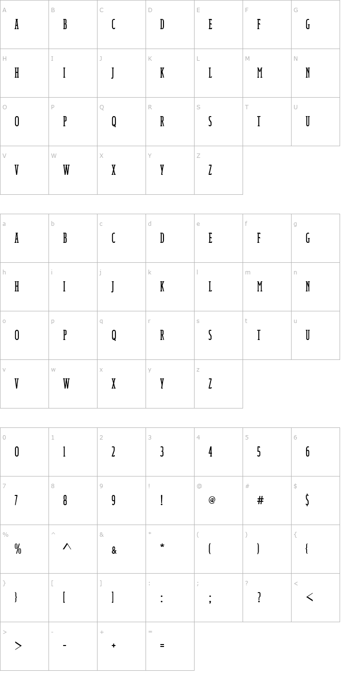 Character Map Italia_Becker_Compress_Med Font