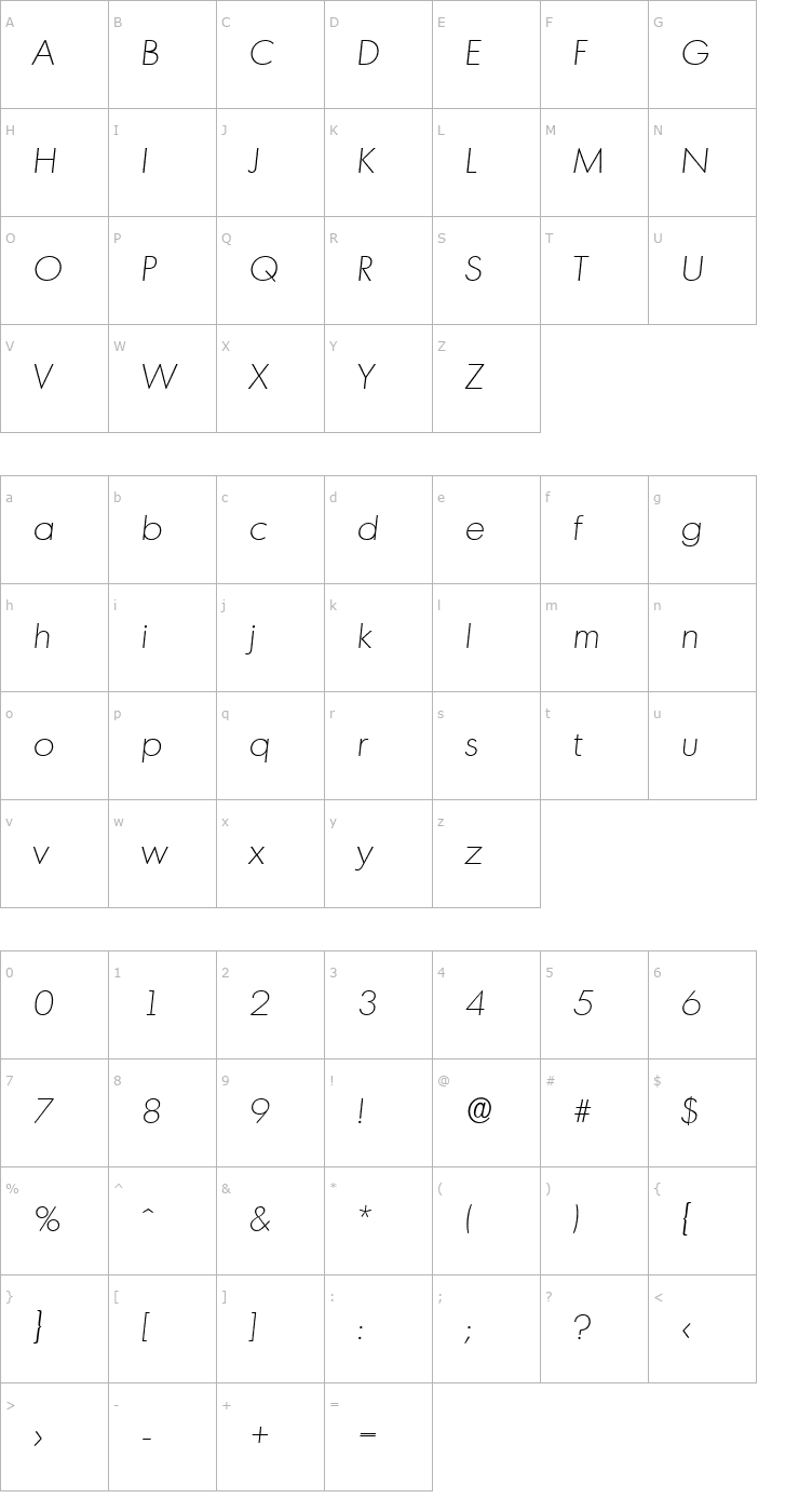 Character Map IvanBecker-ExtraLight Italic Font