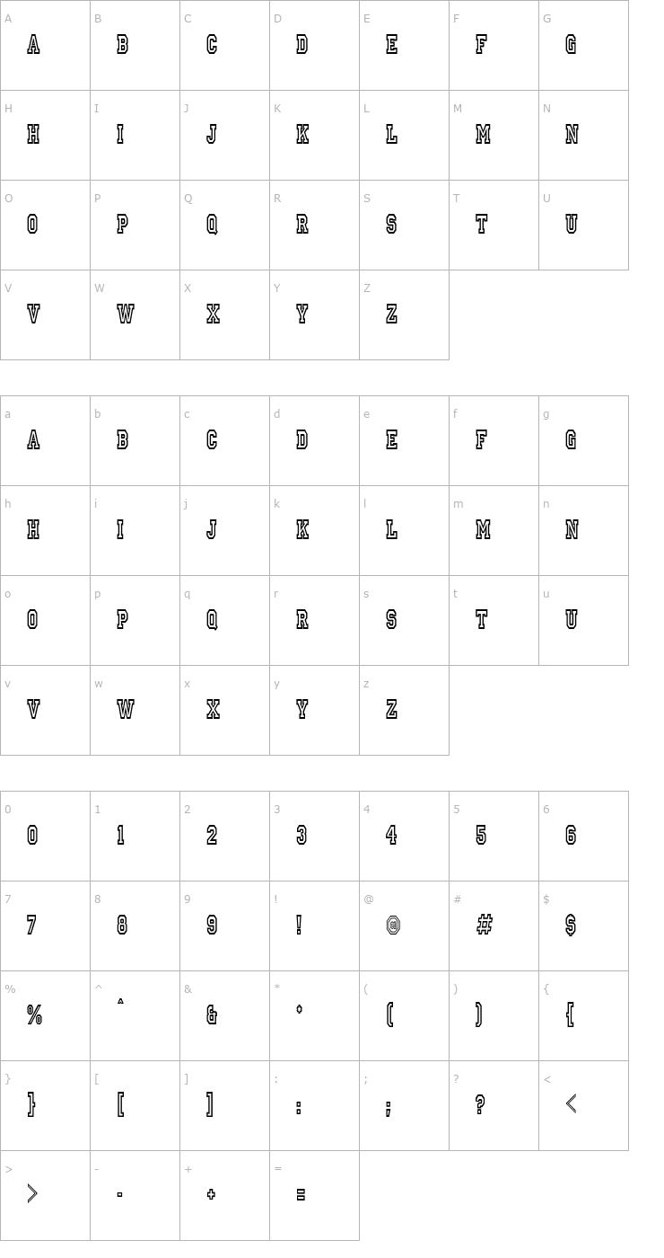 Character Map IvyLeagueCondensedOutline Font