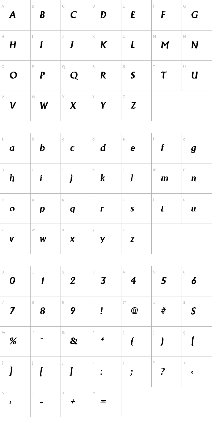 Character Map JacobBeckerAntique-BoldItalic Font