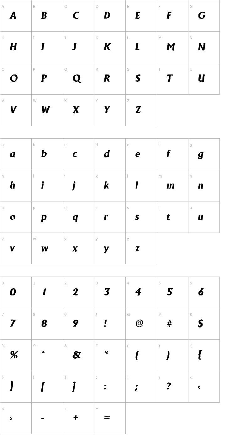 Character Map JacobBeckerAntique-ExtraBold-Italic Font
