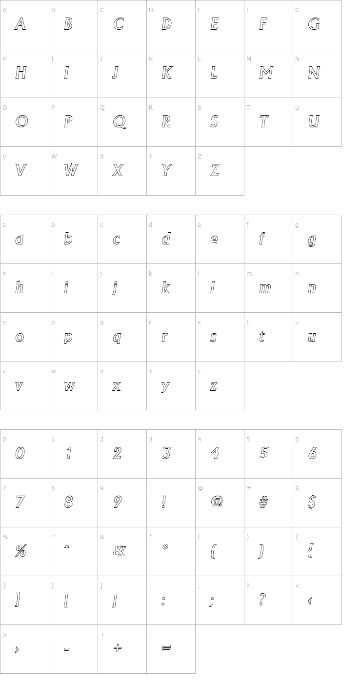 Character Map JacobBeckerOutline-Medium-Italic Font