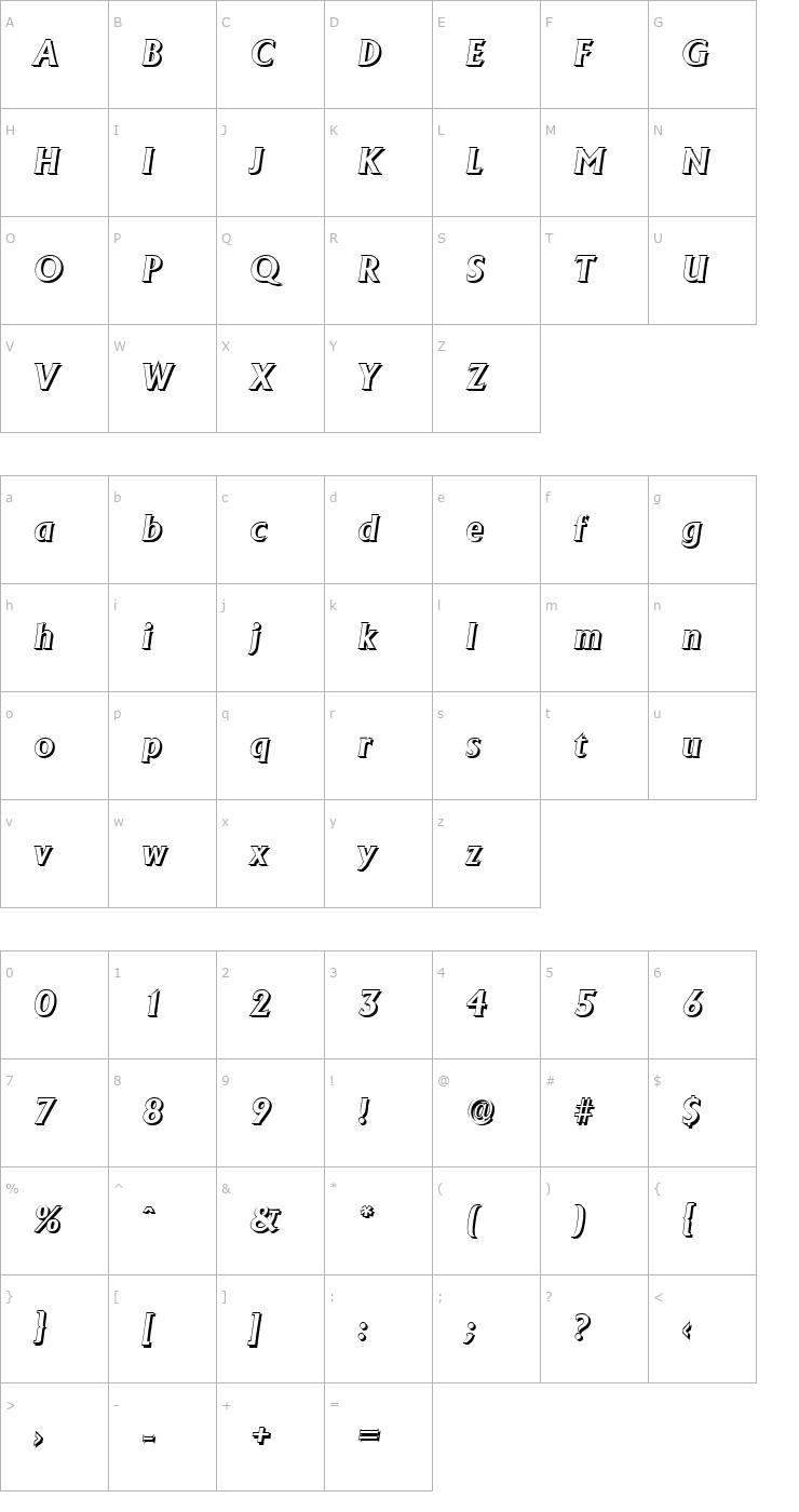 Character Map JacobBeckerShadow-BoldItalic Font