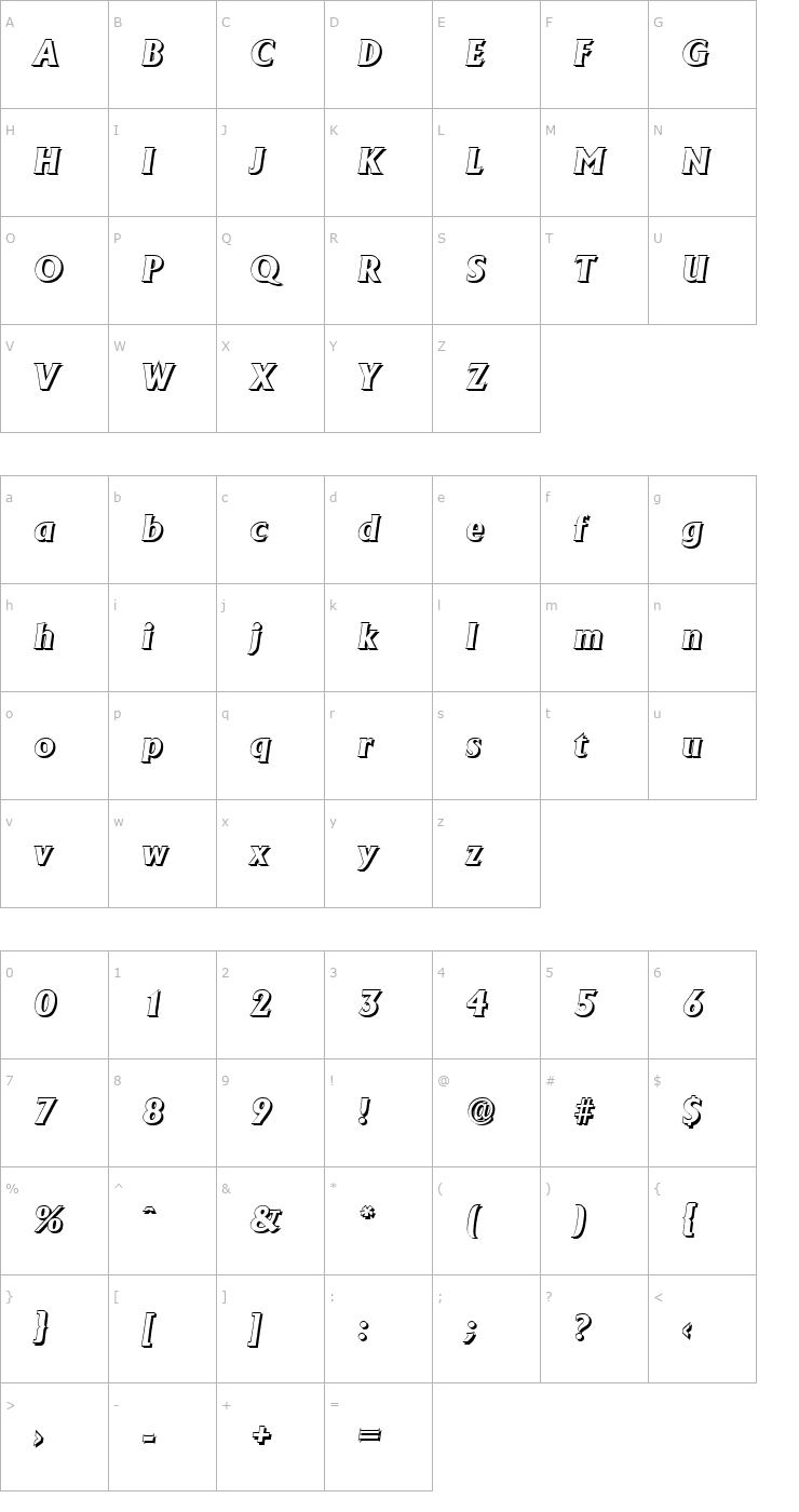 Character Map JacobBeckerShadow-ExtraBold-Italic Font