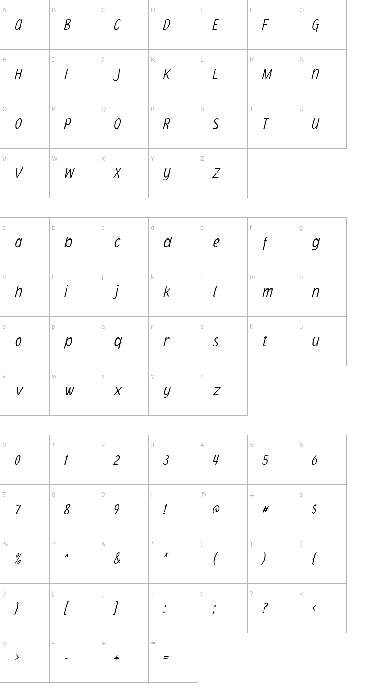 Character Map Jacoby Cond ICG XLight Italic Font