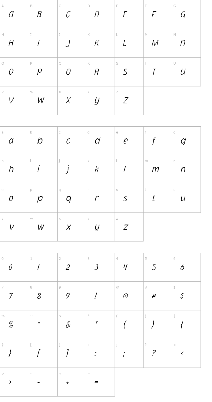 Character Map Jacoby ICG XLight Italic Font