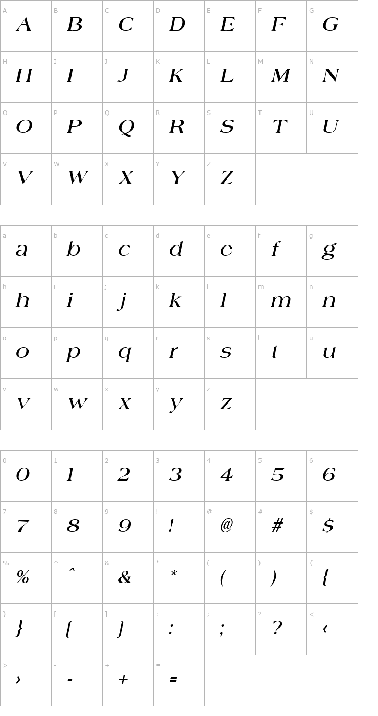Character Map Jade Italic Font