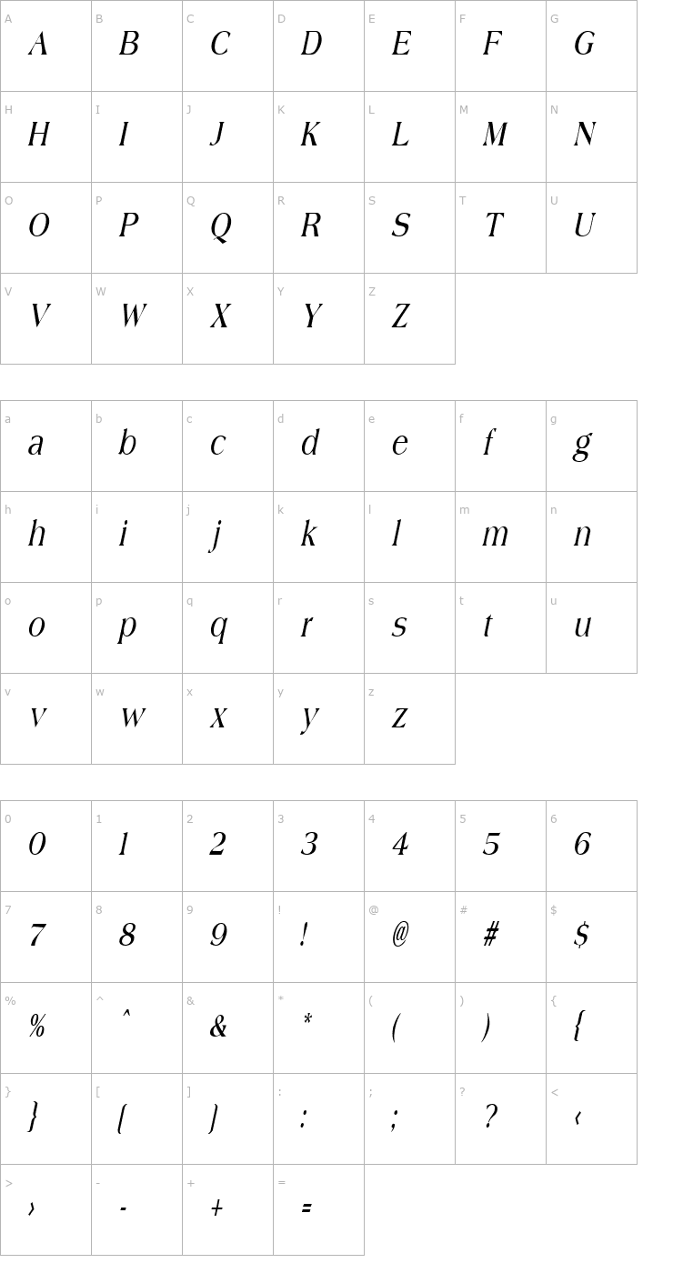 Character Map JadeCondensed Italic Font