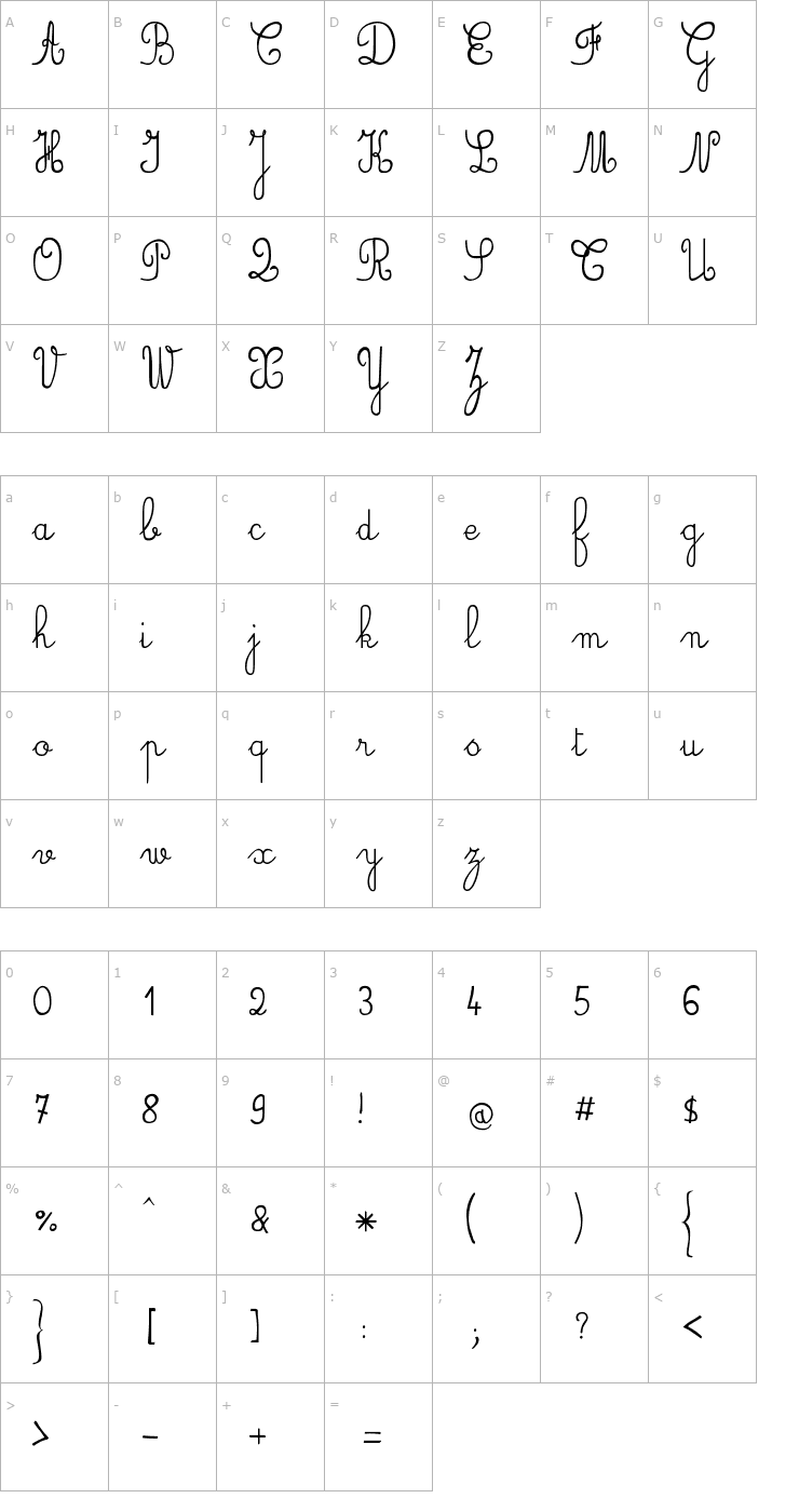 Character Map JB Cursive Font