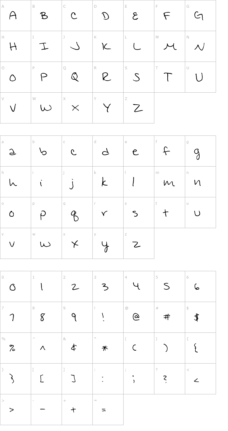 Character Map Jennifer's Hand Writing Font