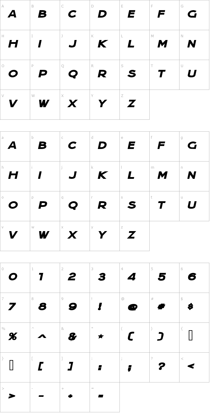 Character Map Jera Sans Heavy Italic JL Font