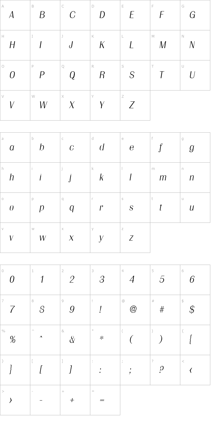 Character Map JesseBecker-ExtraLight Italic Font