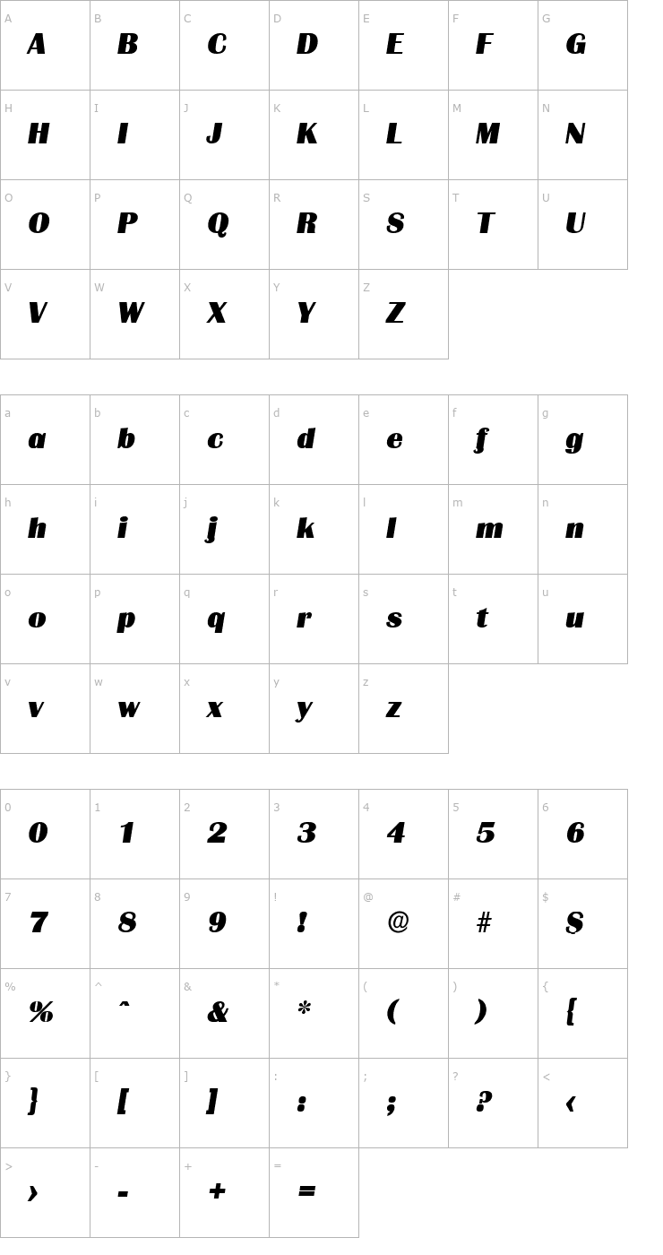 Character Map JesseBecker-Heavy Italic Font