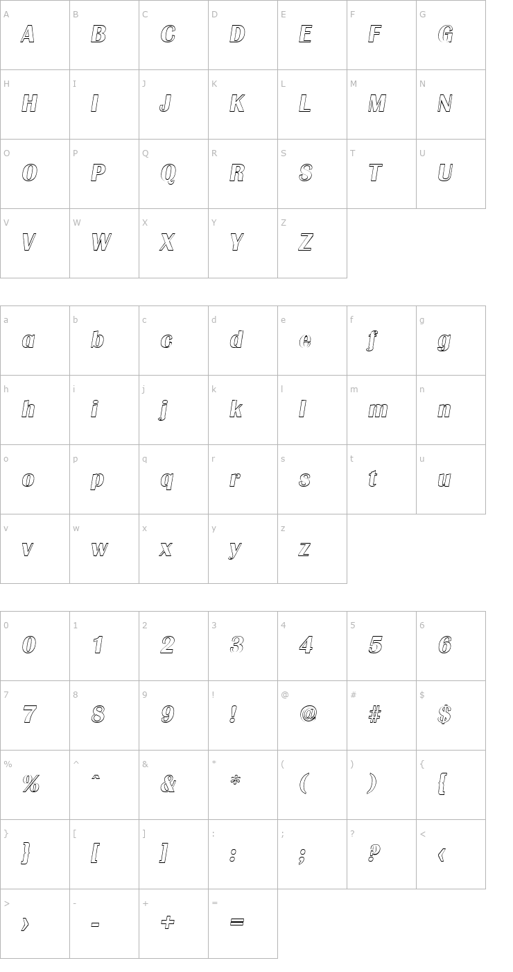 Character Map JesseBeckerOutline-BoldItalic Font