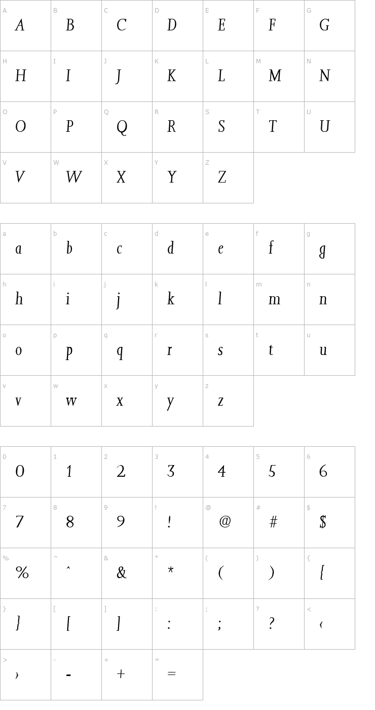 Character Map Jessica-LightIta Font
