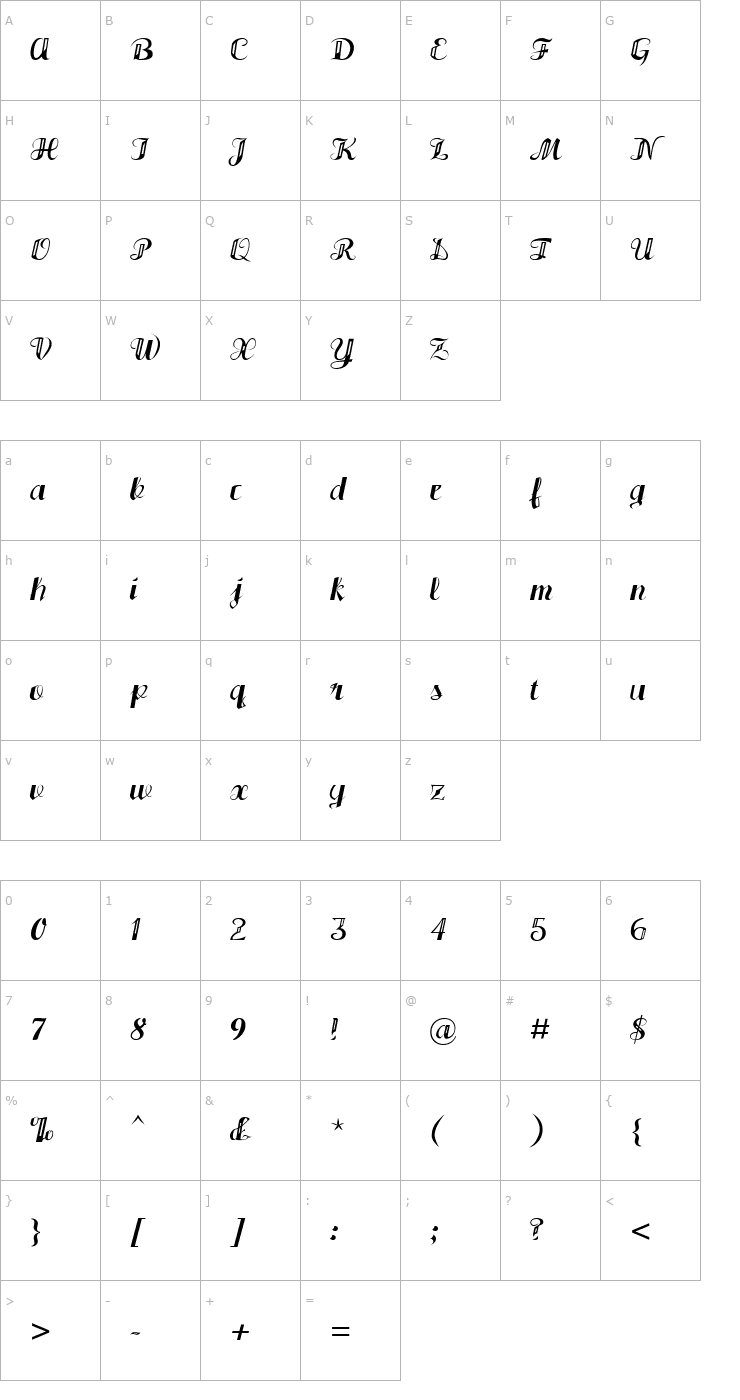Character Map JH3 Bammerscript Font