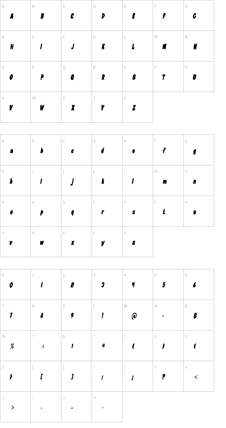 Character Map JiffyCondensed Italic Font