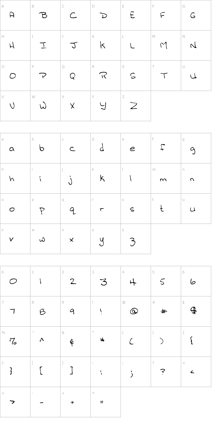Character Map JilliansHand Regular Font