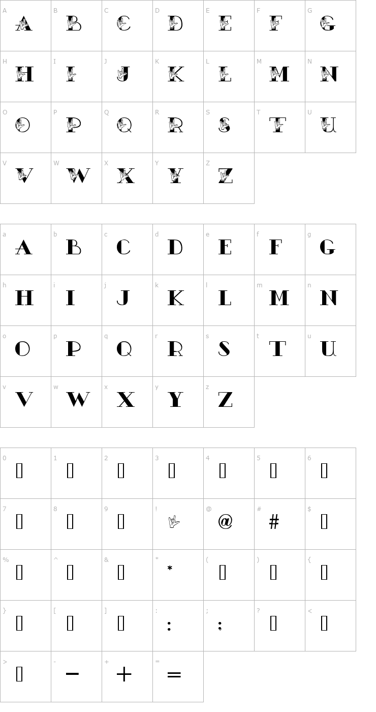 Character Map JLR ASL ILY Font