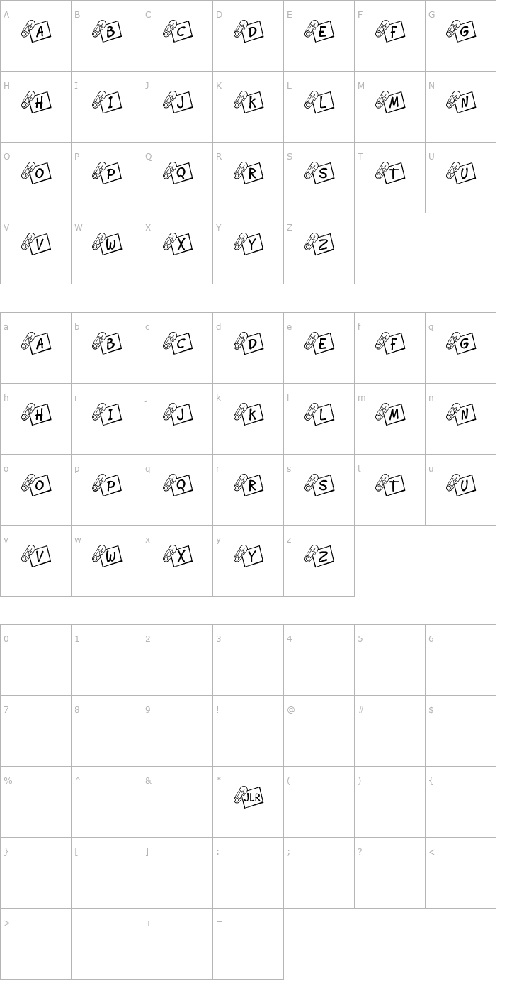 Character Map JLR Diaper Pin Font