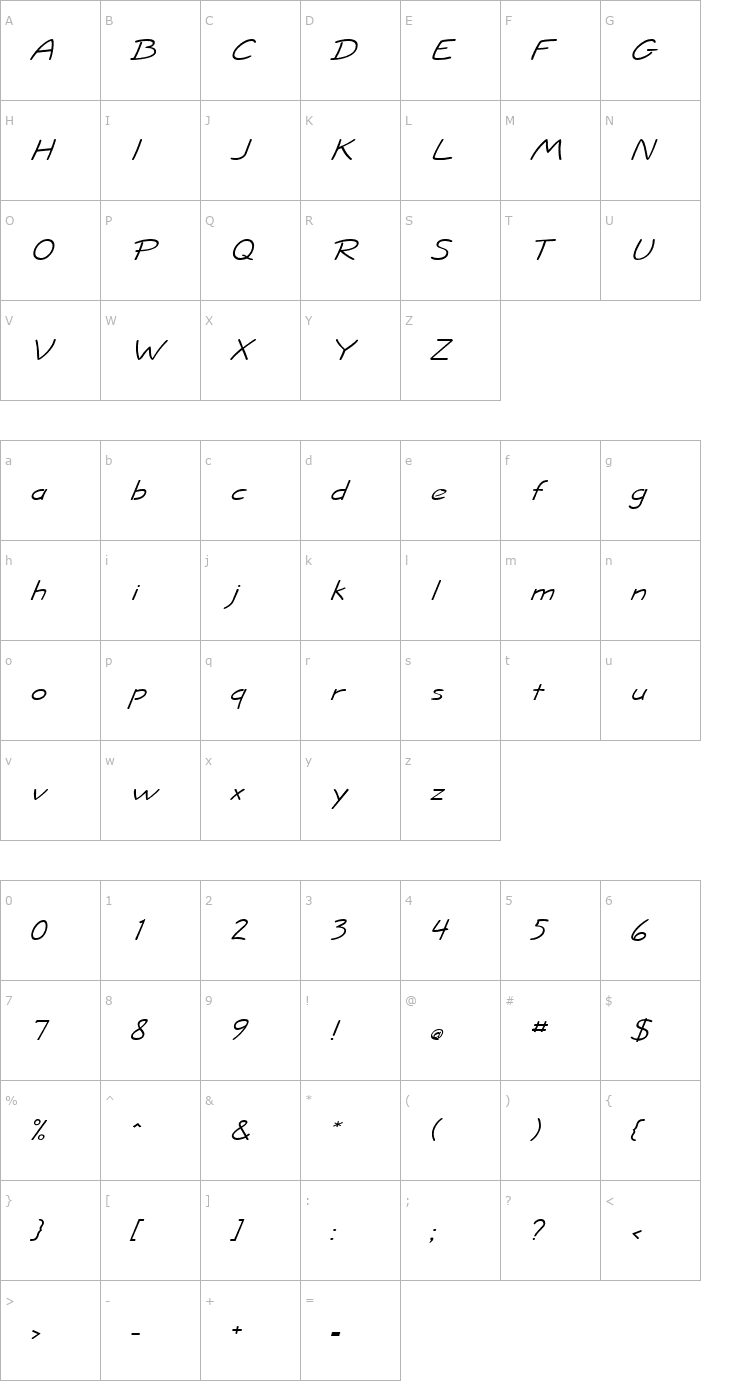 Character Map Jolt Wide Italic Font