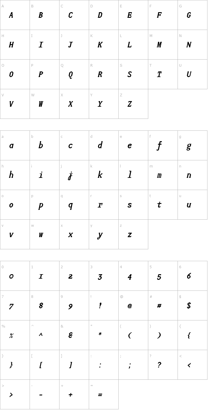 Character Map JUstice Mono BoldOblique Font