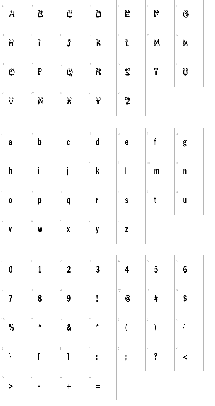 Character Map KAHorribleSquish Font