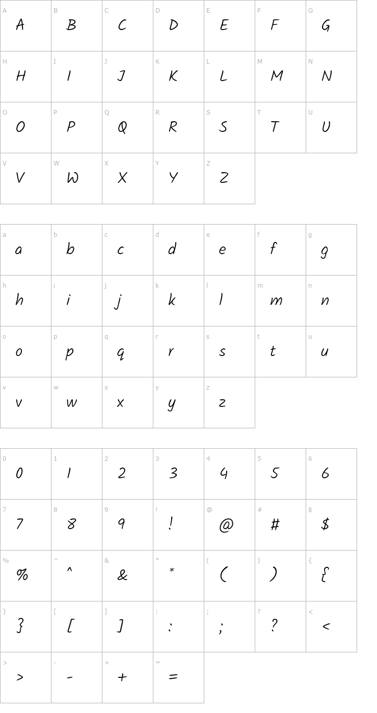 Character Map Kalam Light Font