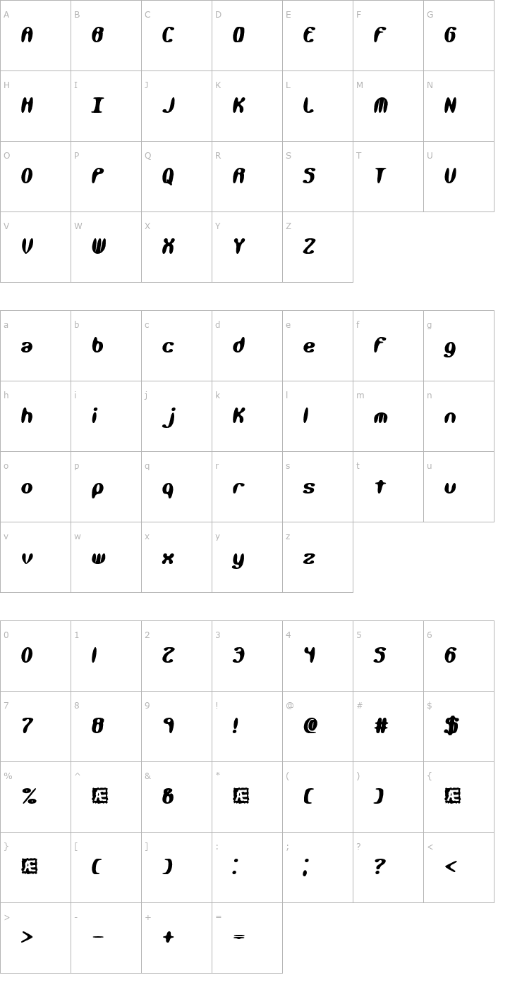 Character Map Kaliber Xtreme BRK Font