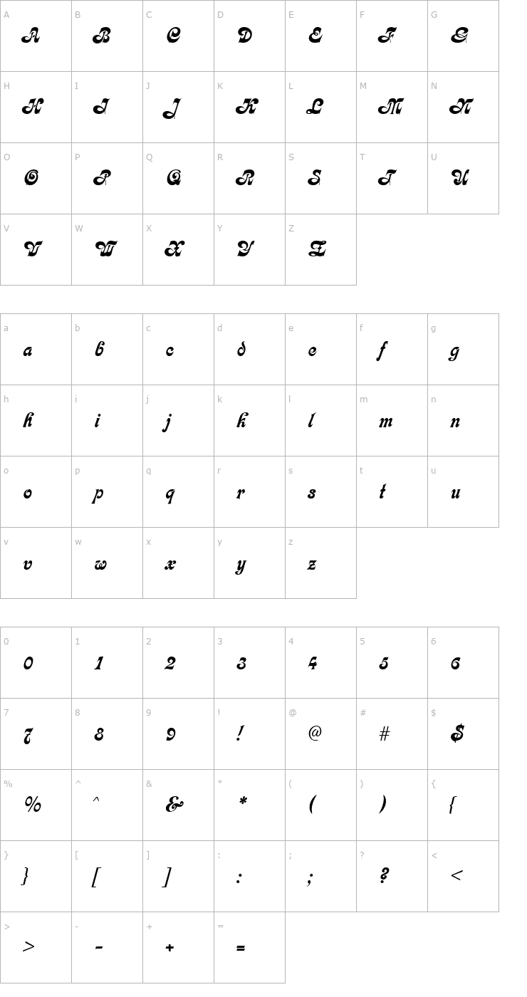 Character Map Kalligraphia Font